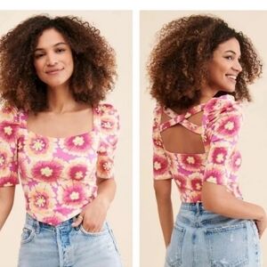 NWT Free People Floral Square-Neck Puff Sleeve Top in Pink